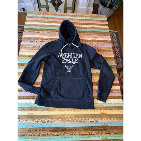 American Eagle Outfitters Other - Y2K Vtg American Eagle Hoodie Men M Black Pullover Distressed Logo Fleece 1977